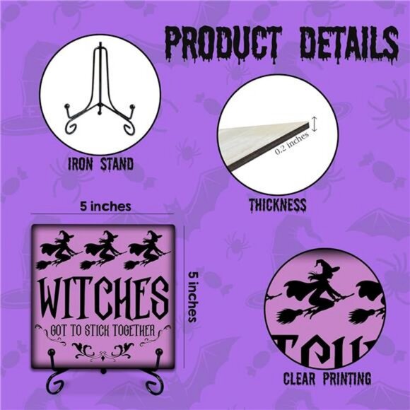 Halloween Wooden Sign with Metal Stand - Witches Got To Stick Together - 5 Inch - Picture 2 of 6